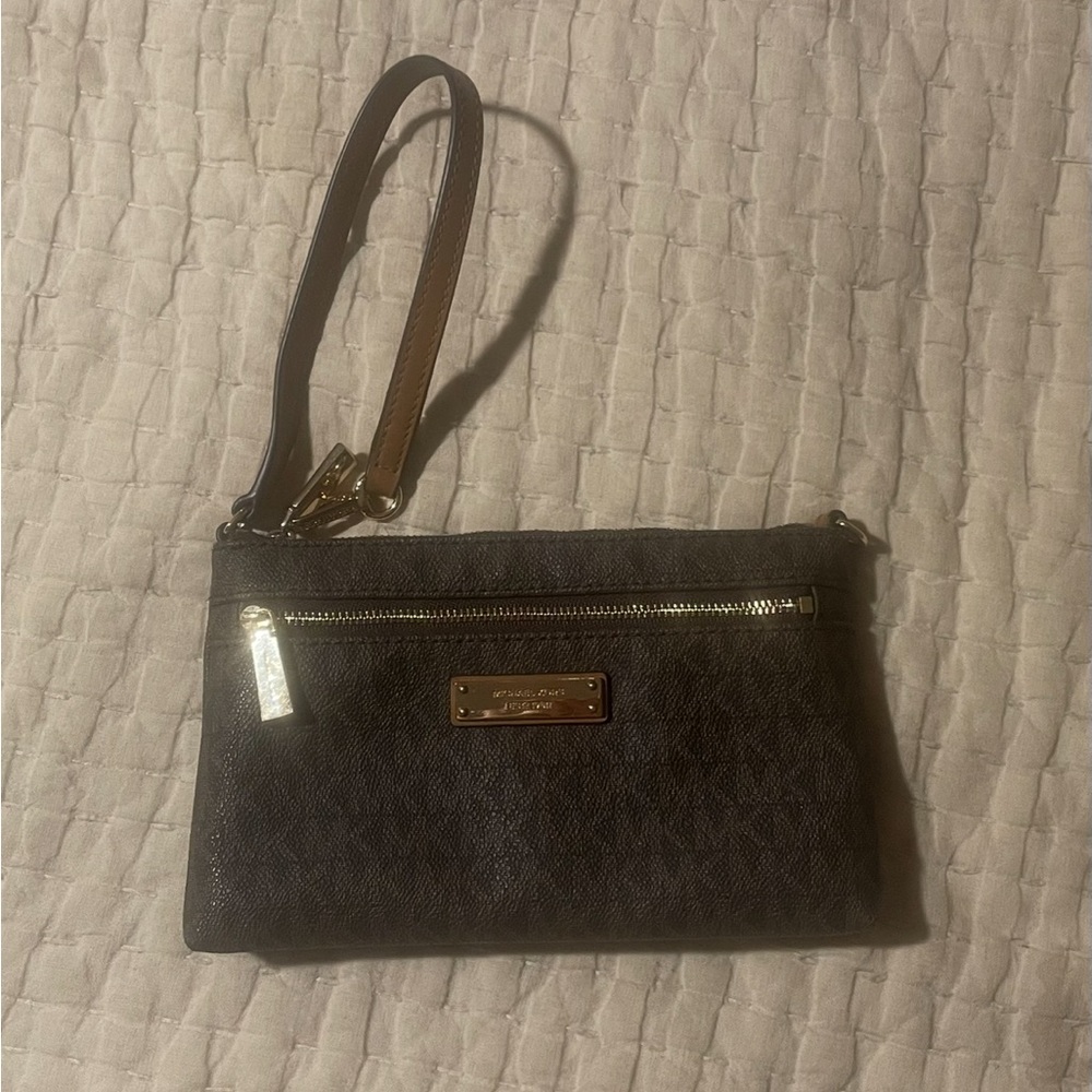 Michael Kors Signature Monogram Convertible Brown Wristlet Bag Brown
